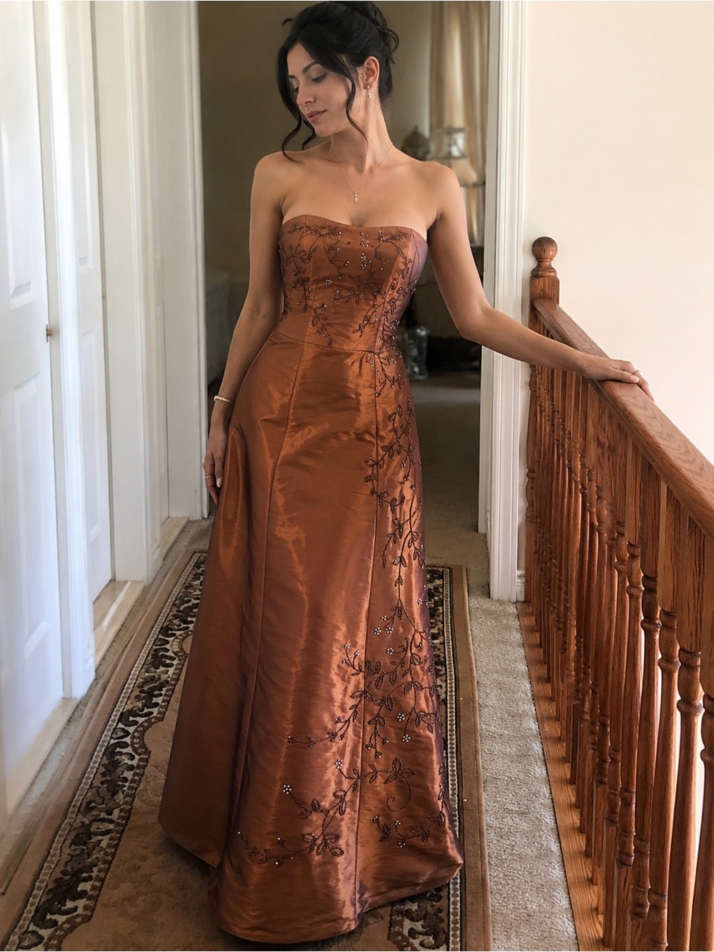 Jovani Copper-Brown Strapless Embroidered Evening Gown